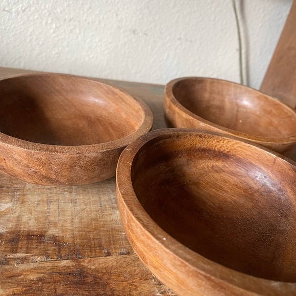 Vintage Raw Teak Wood Trio Of Decorative Wooden Bowls - Picture 5 of 17